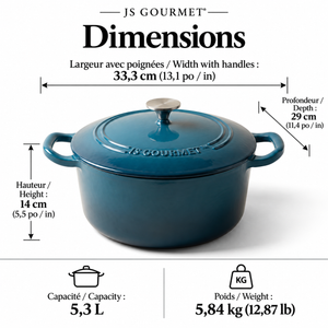 JS Gourmet Cocotte ronde en fonte émaillée, 5,3 L, Bleu saphir - Simple Boutique