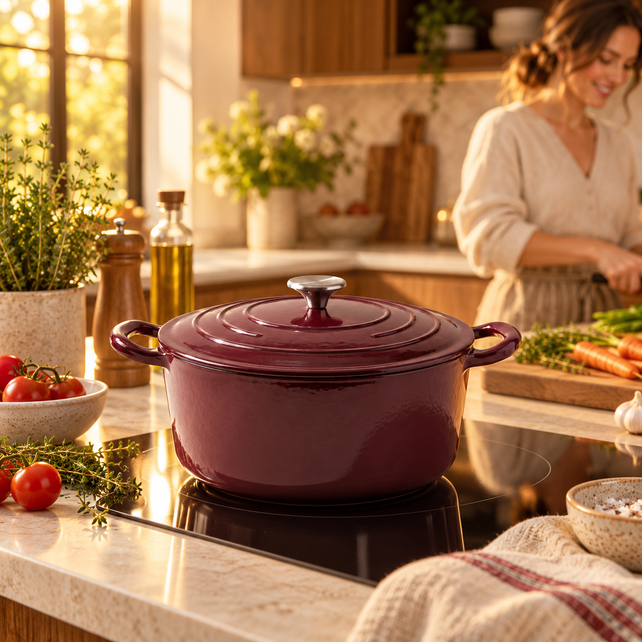 JS Gourmet Cocotte ronde en fonte émaillée, 5,3 L, Bordeaux - Simple Boutique