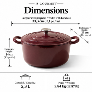 JS Gourmet Cocotte ronde en fonte émaillée, 5,3 L, Bordeaux - Simple Boutique
