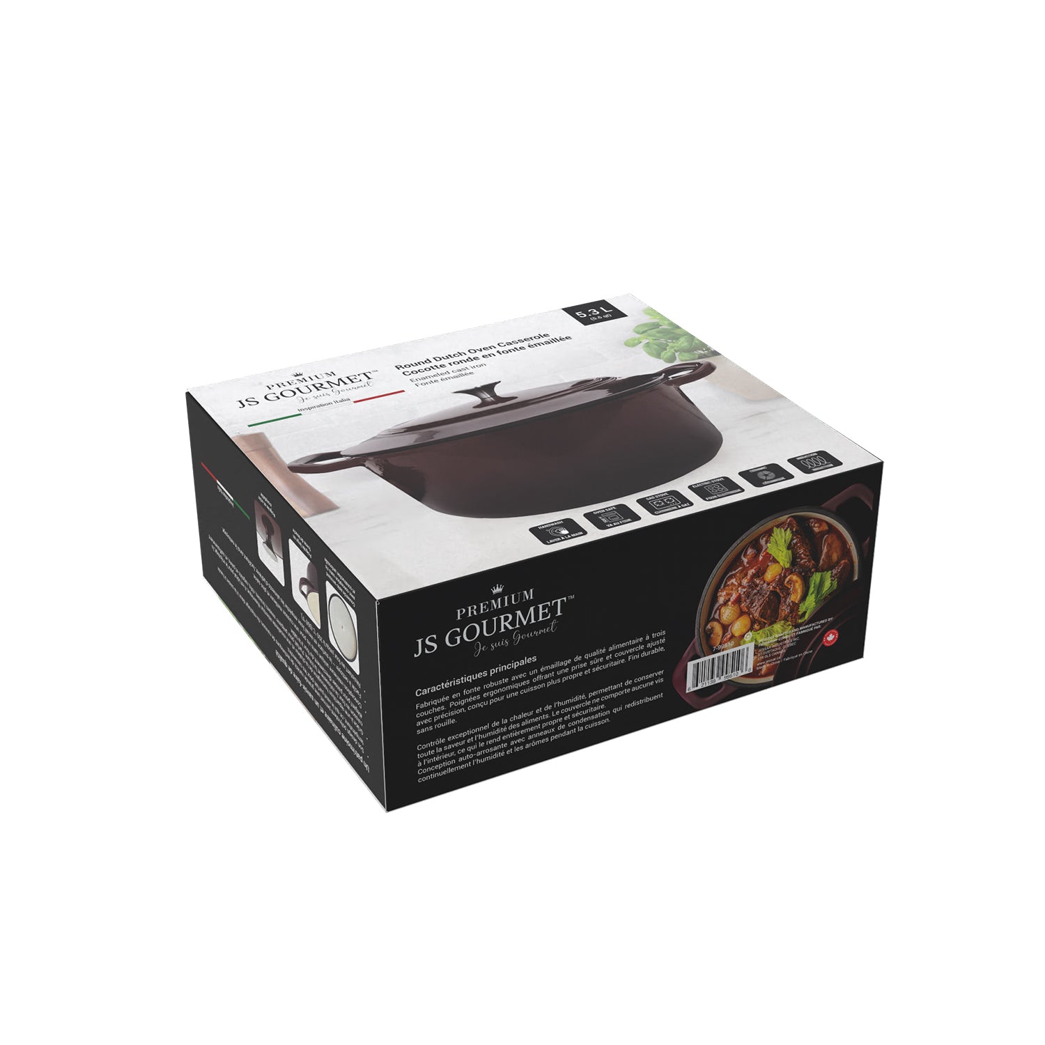 JS Gourmet Cocotte ronde en fonte émaillée, 5,3 L, Bordeaux - emballage - Simple Boutique