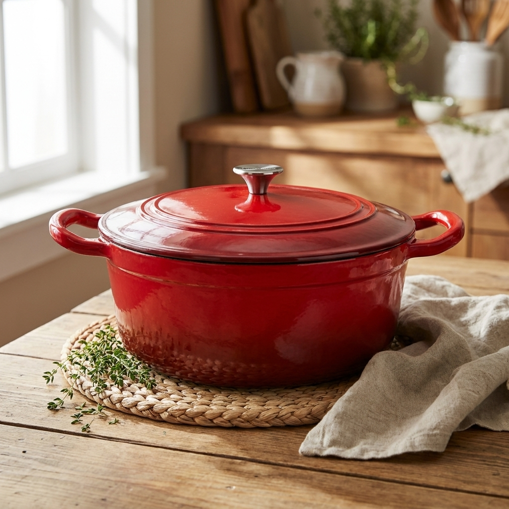 JS Gourmet Cocotte ronde en fonte émaillée, 5,3 L, Rouge cerise - Simple Boutique
