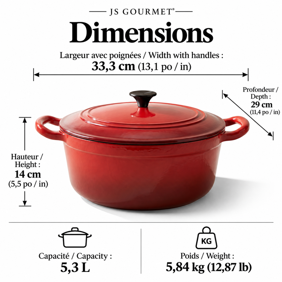 JS Gourmet Cocotte ronde en fonte émaillée, 5,3 L, Rouge cerise - Simple Boutique
