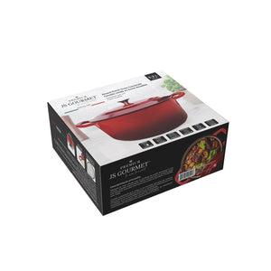 JS Gourmet Cocotte ronde en fonte émaillée, 5,3 L, Rouge cerise - emballage - Simple Boutique