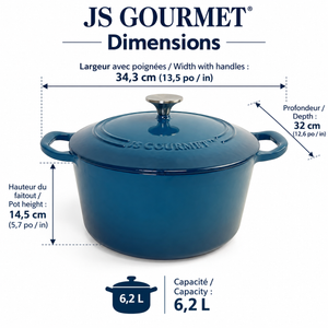 JS Gourmet Cocotte ronde en fonte émaillée, 6,2 L, Bleu saphir - Simple Boutique