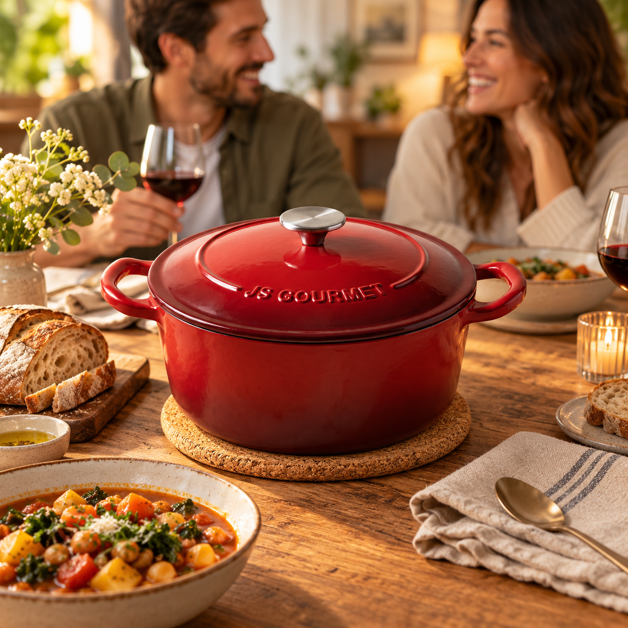 JS Gourmet Cocotte ronde en fonte émaillée, 6,2 L, Rouge cerise - Simple Boutique
