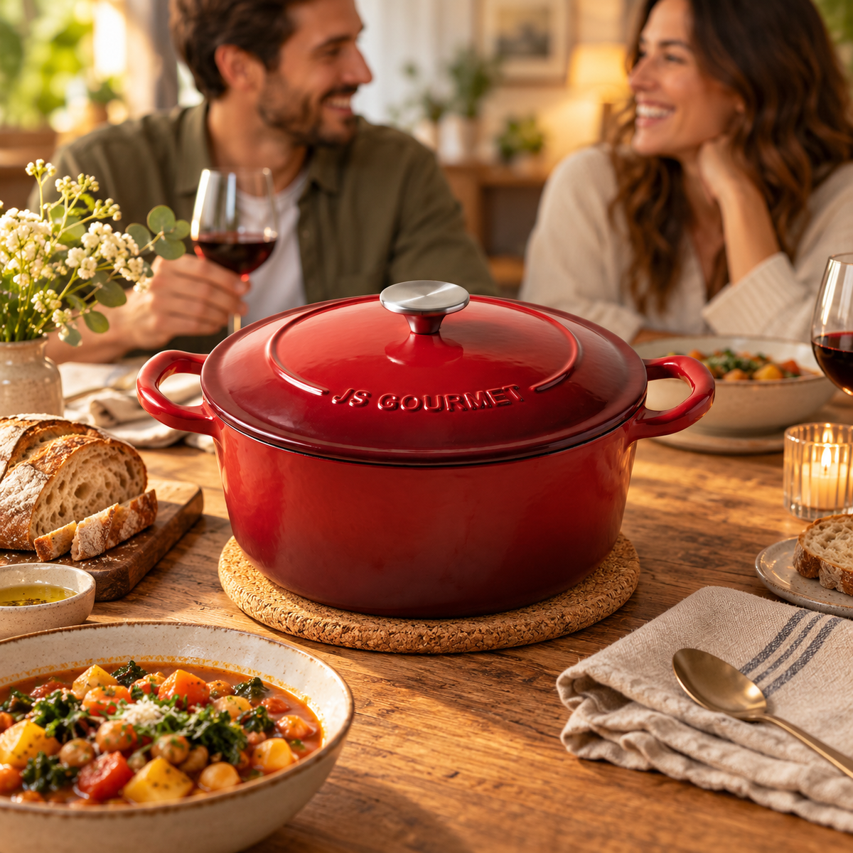 JS Gourmet Cocotte ronde en fonte émaillée, 6,2 L, Rouge cerise - Simple Boutique
