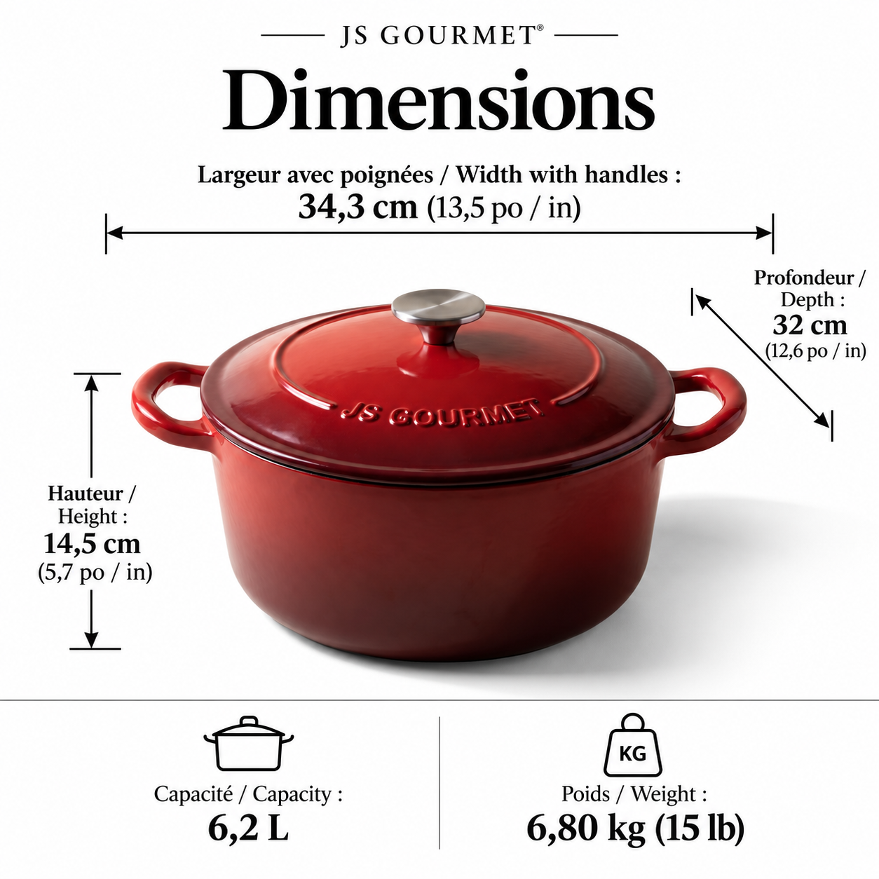 JS Gourmet Cocotte ronde en fonte émaillée, 6,2 L, Rouge cerise - Simple Boutique