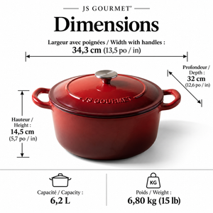 JS Gourmet Cocotte ronde en fonte émaillée, 6,2 L, Rouge cerise - Simple Boutique