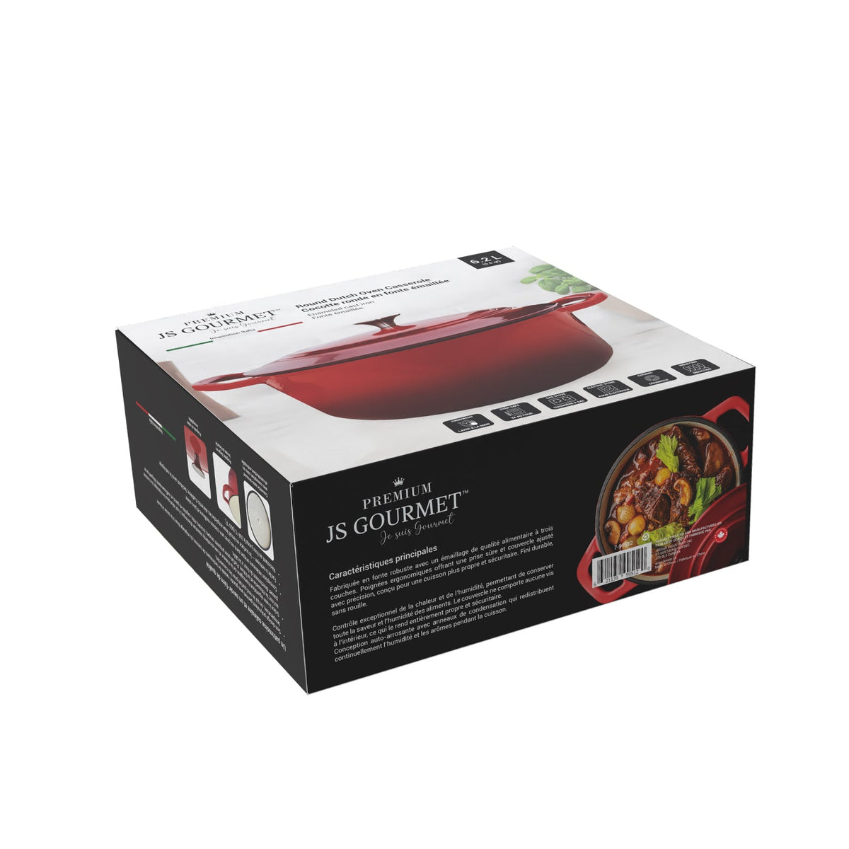 JS Gourmet Cocotte ronde en fonte émaillée, 6,2 L, Rouge cerise - emballage - Simple Boutique
