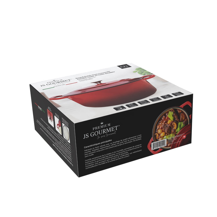 JS Gourmet Cocotte ronde en fonte émaillée, 6,2 L, Rouge cerise - emballage - Simple Boutique
