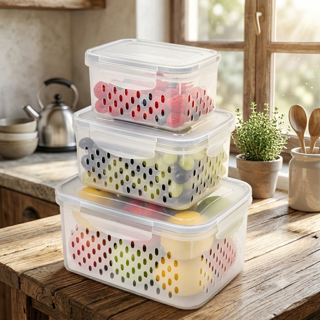 JS Gourmet Contenants organisateurs pour réfrigérateur avec passoires — Ensemble de 3, 850 / 1750 / 3300 ml - Simple Boutique