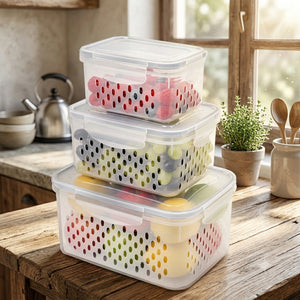 JS Gourmet Contenants organisateurs pour réfrigérateur avec passoires — Ensemble de 3, 850 / 1750 / 3300 ml - Simple Boutique