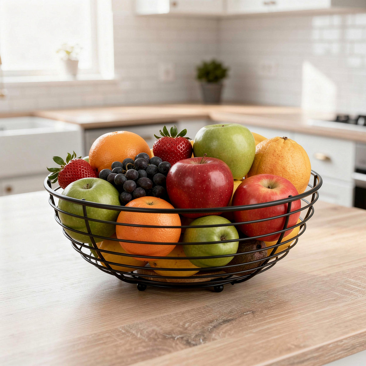 JS Gourmet Corbeille à fruits en fil d'acier avec base en bois d'acacia - Simple Boutique
