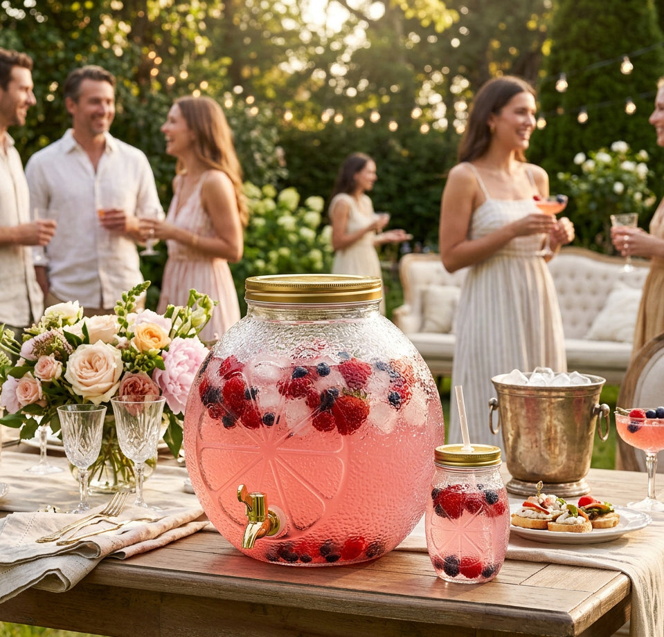 JS Gourmet Distributeur à boissons en verre embossé d'agrume de 5 L avec support doré et couvercle en métal - Simple Boutique