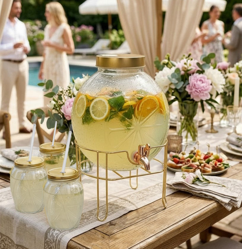 JS Gourmet Distributeur à boissons en verre embossé d'agrume de 5 L avec support doré et couvercle en métal - Simple Boutique