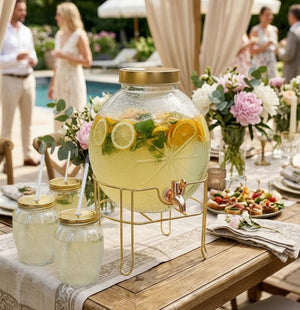JS Gourmet Distributeur à boissons en verre embossé d'agrume de 5 L avec support doré et couvercle en métal - Simple Boutique
