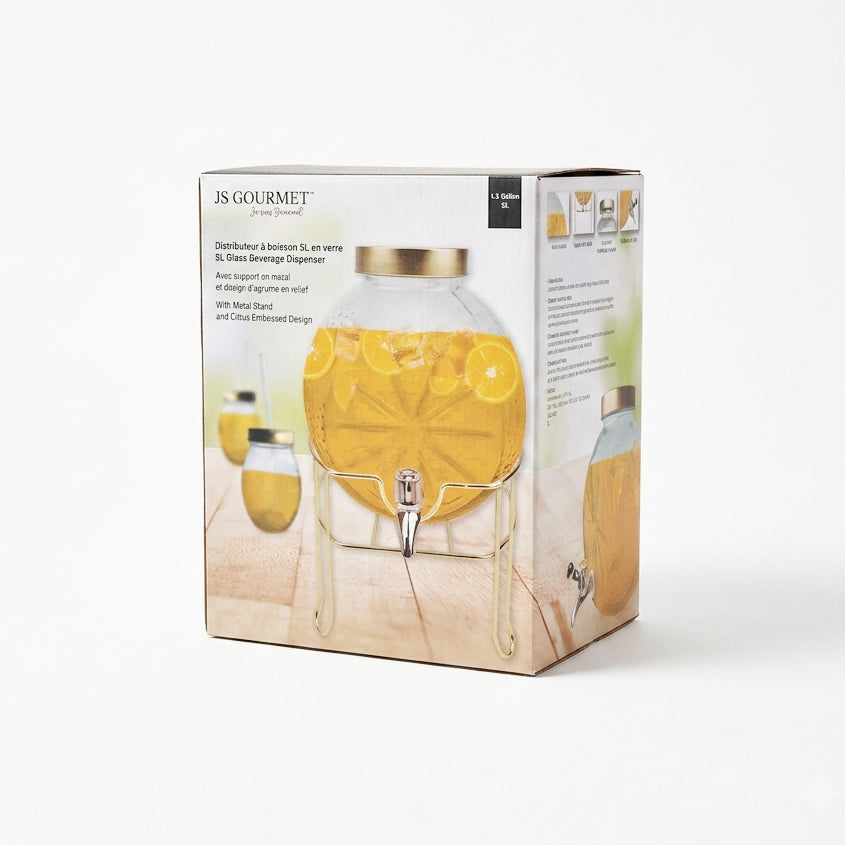 JS Gourmet Distributeur à boissons en verre embossé d'agrume de 5 L avec support doré et couvercle en métal - emballage - Simple Boutique