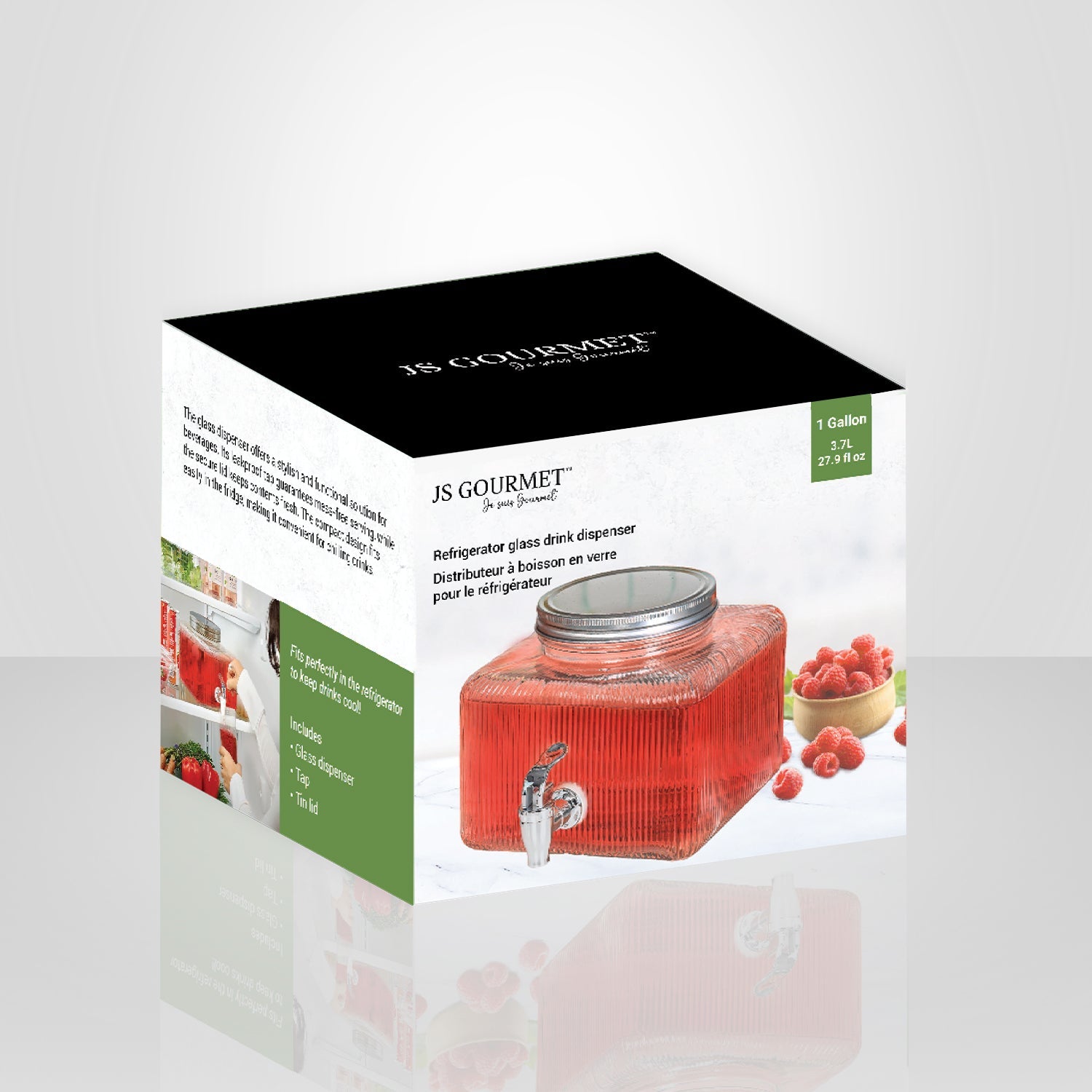 JS Gourmet - Distributeur de Boisson en Verre avec Robinet pour Réfrigérateur, Capacité de 3.7 Litres - Simple Boutique