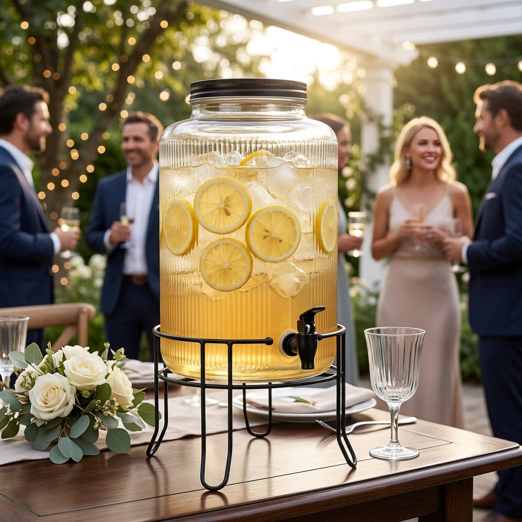 JS Gourmet Distributeur de boissons 6 L avec motif en verre gravé et support en métal noir - Simple Boutique