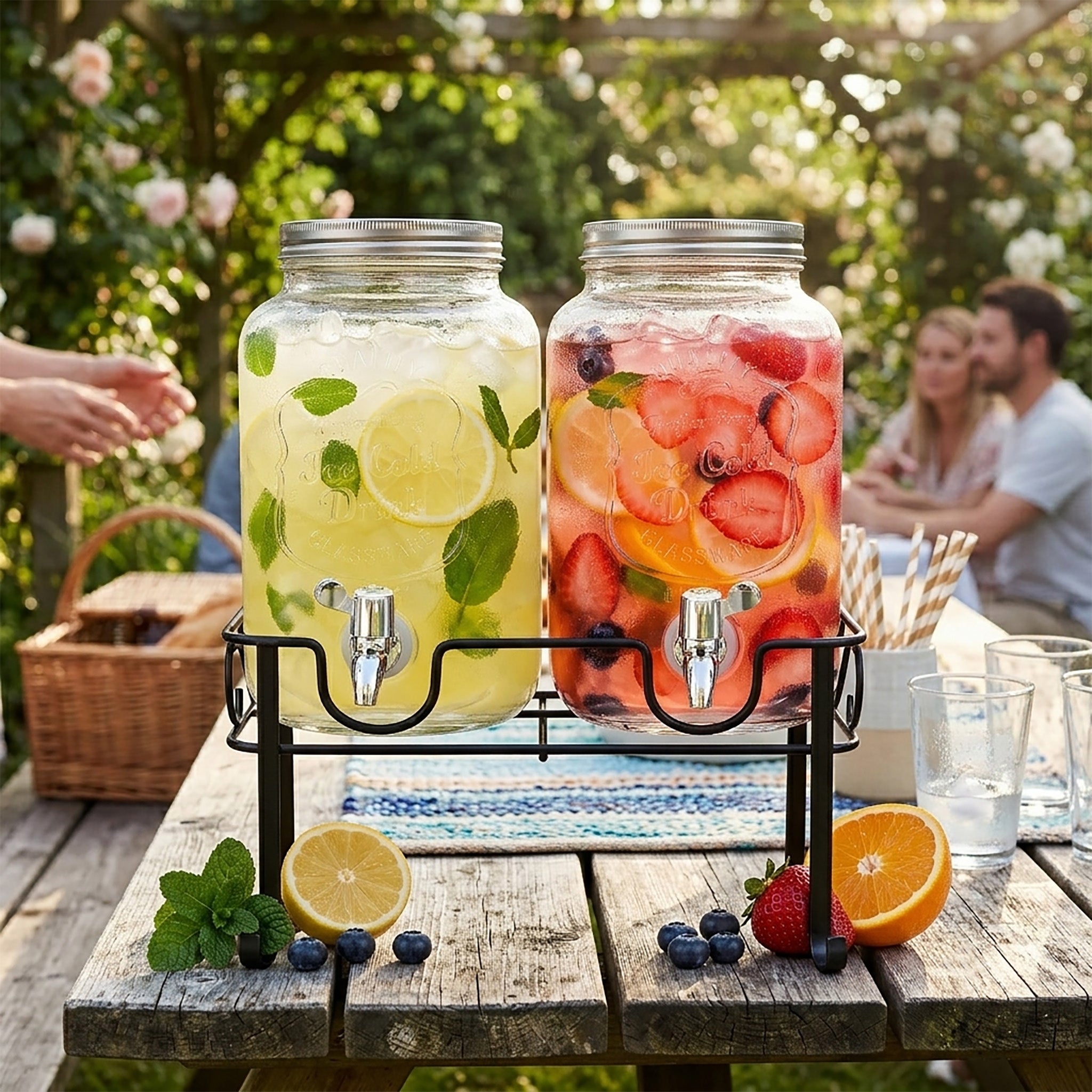 JS Gourmet Distributeur de boissons double en verre avec support en métal, 4 L chacun - Simple Boutique