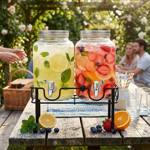 JS Gourmet Distributeur de boissons double en verre avec support en métal, 4 L chacun - Simple Boutique