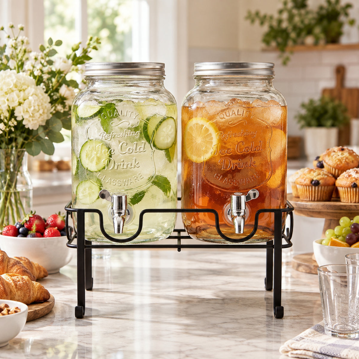 JS Gourmet Distributeur de boissons double en verre avec support en métal, 4 L chacun - Simple Boutique