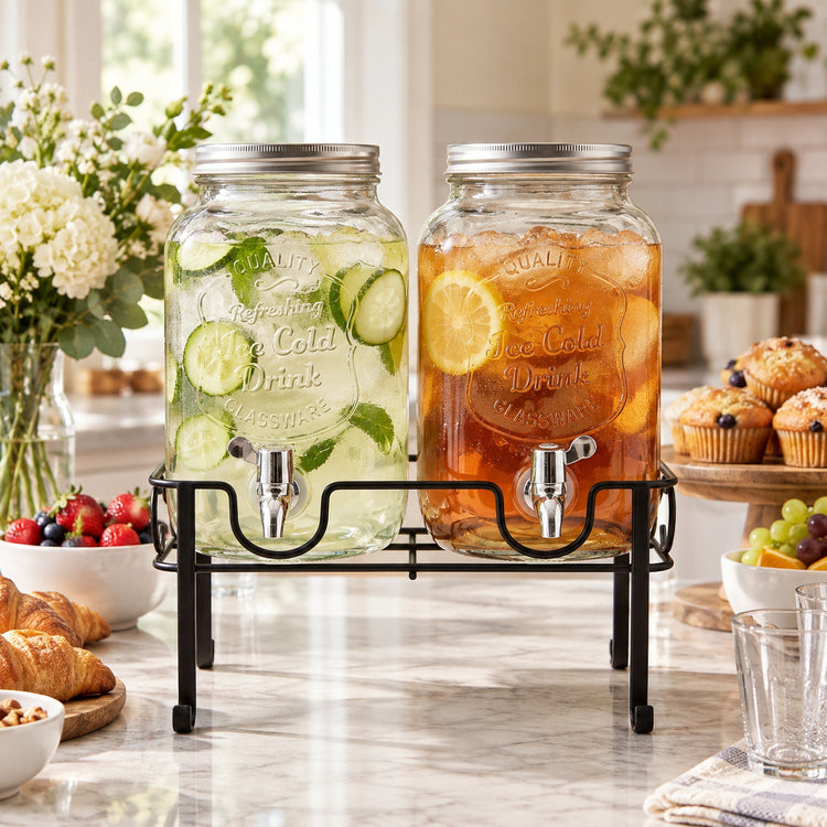JS Gourmet Distributeur de boissons double en verre avec support en métal, 4 L chacun - Simple Boutique