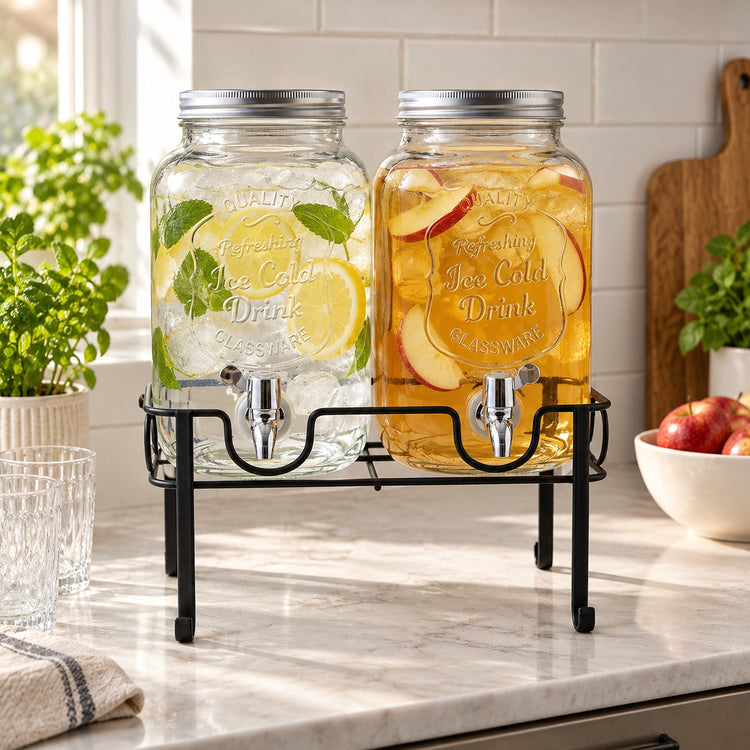 JS Gourmet Distributeur de boissons double en verre avec support en métal, 4 L chacun - Simple Boutique