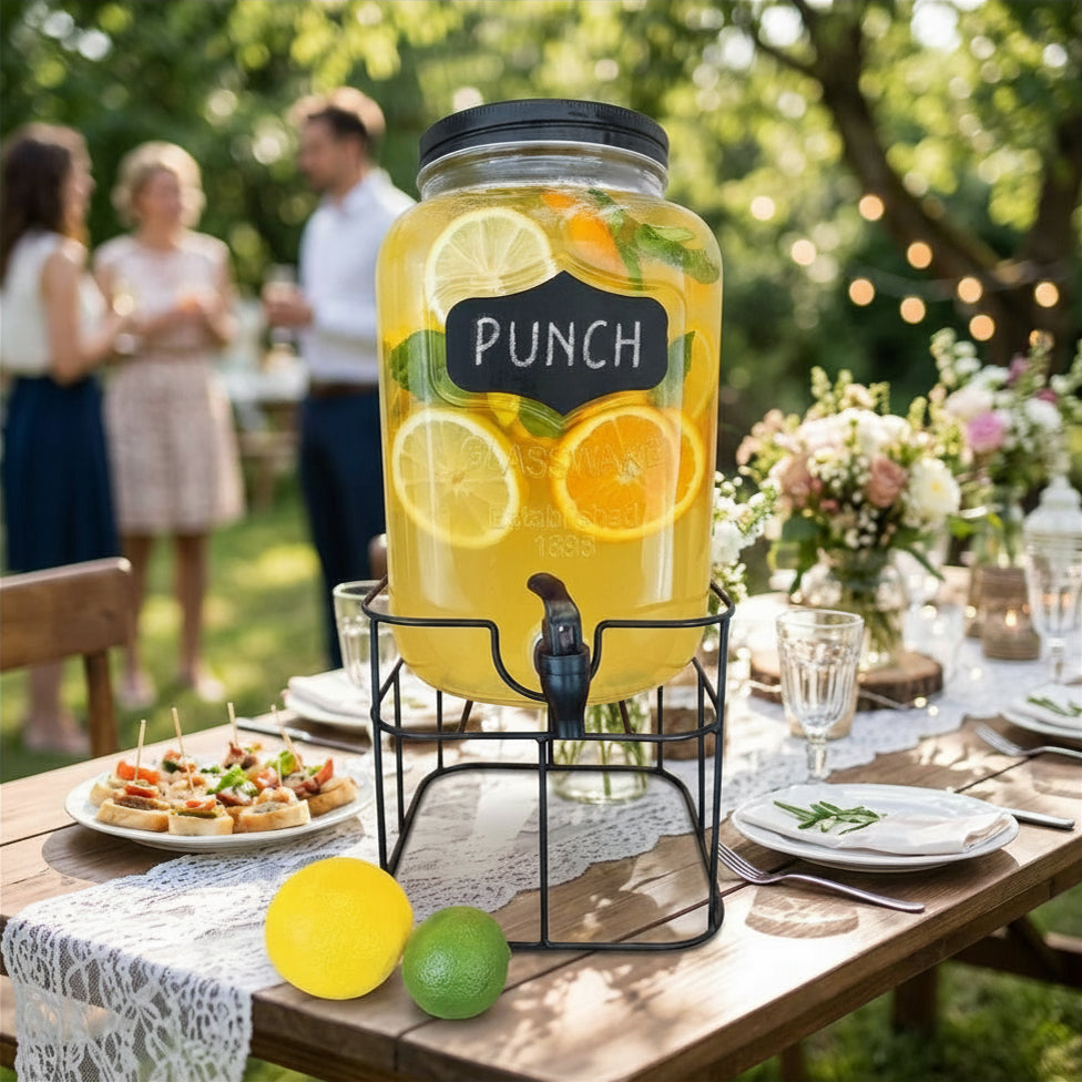 JS Gourmet Distributeur de boissons en verre avec étiquette ardoise et support métallique, 4 L - Simple Boutique