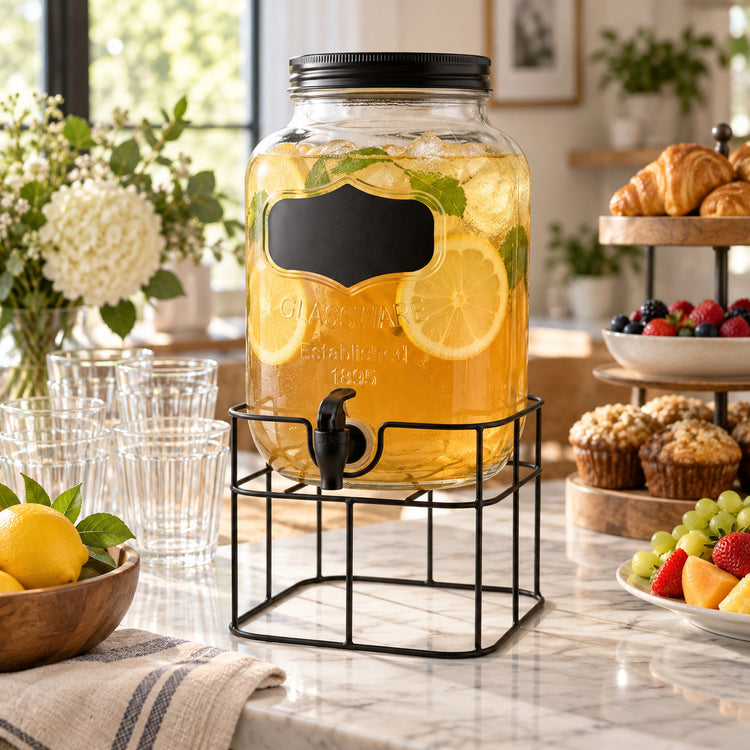 JS Gourmet Distributeur de boissons en verre avec étiquette ardoise et support métallique, 4 L - Simple Boutique