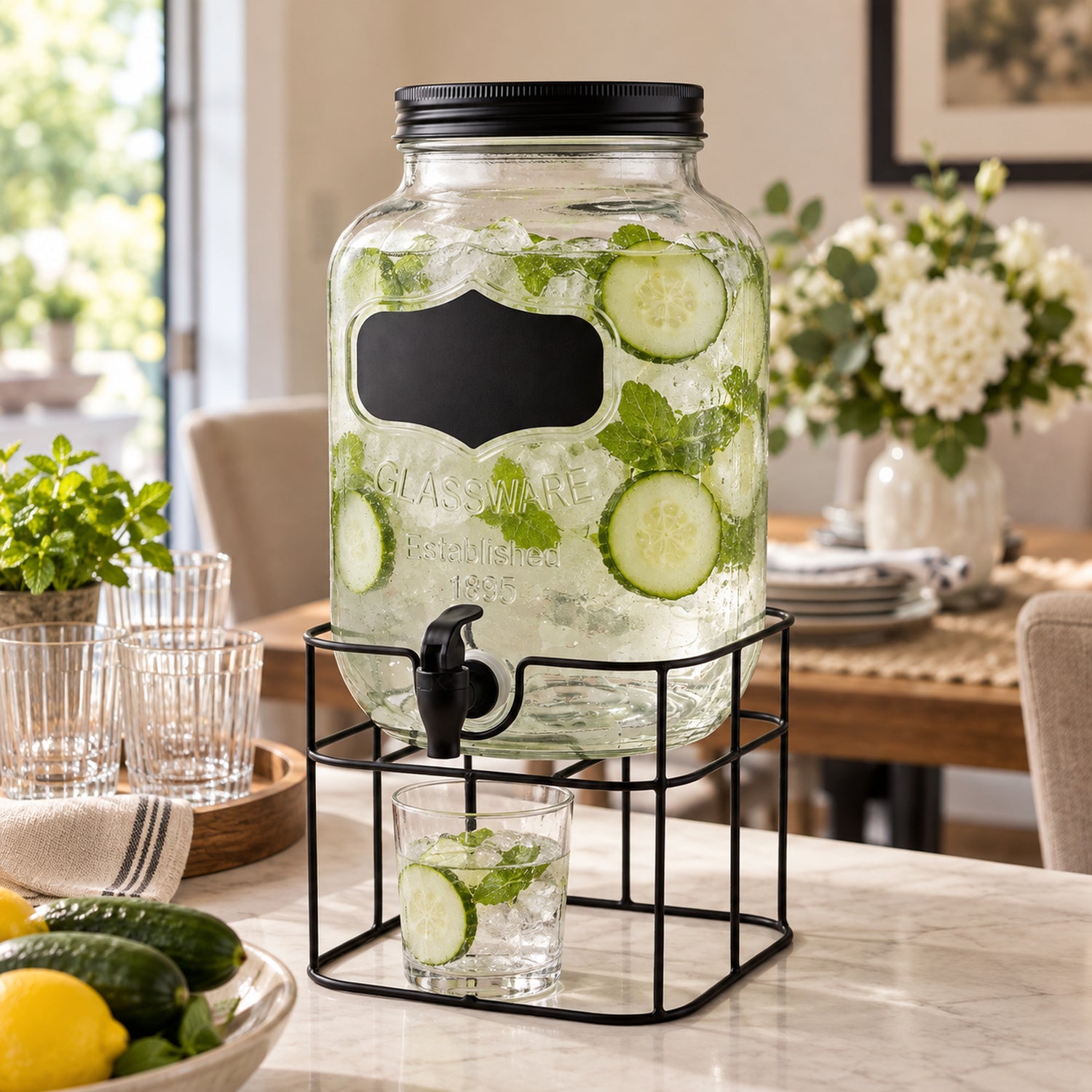 JS Gourmet Distributeur de boissons en verre avec étiquette ardoise et support métallique, 4 L - Simple Boutique