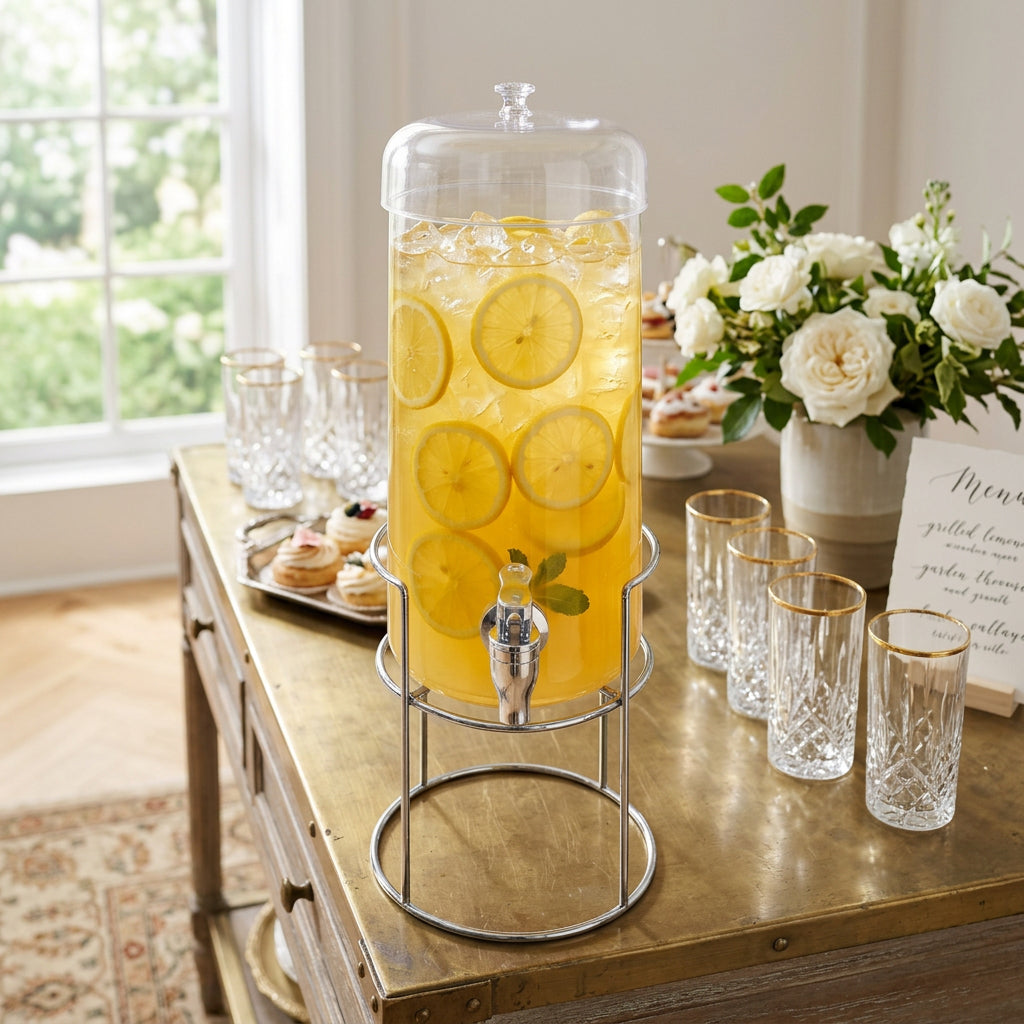 JS Gourmet Distributeur de boissons en verre borosilicaté avec couvercle en verre et support en métal, 5,5 L - Simple Boutique