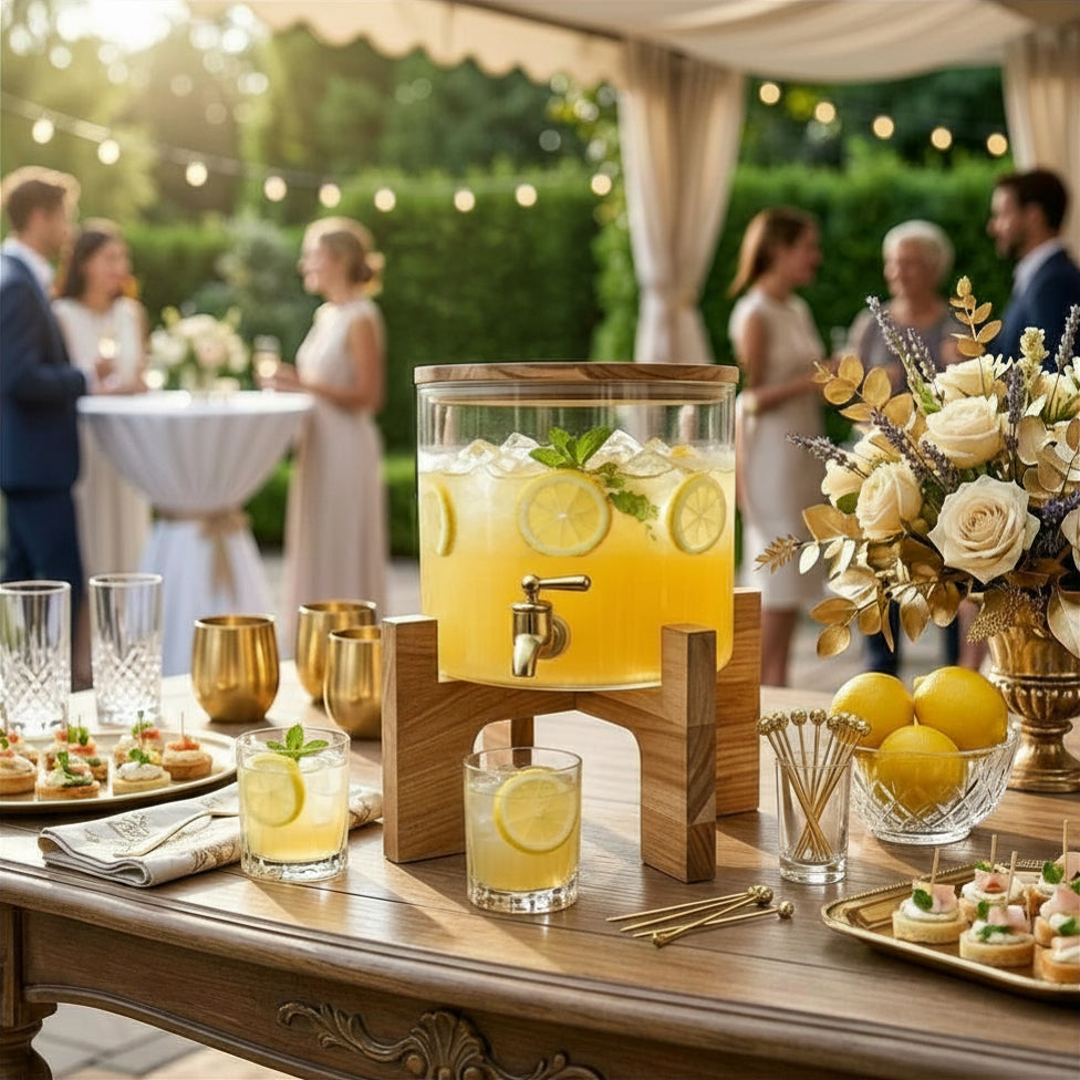 JS Gourmet Distributeur de boissons en verre borosilicate avec couvercle et support en bois d'acacia, 3,6L - Simple Boutique
