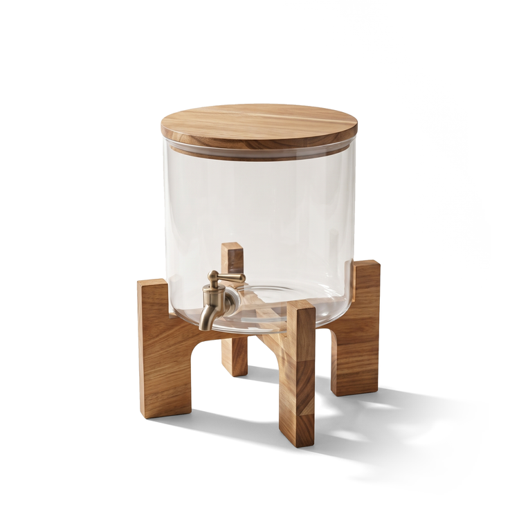 JS Gourmet Distributeur de boissons en verre borosilicate avec couvercle et support en bois d'acacia, 3,6L - Simple Boutique