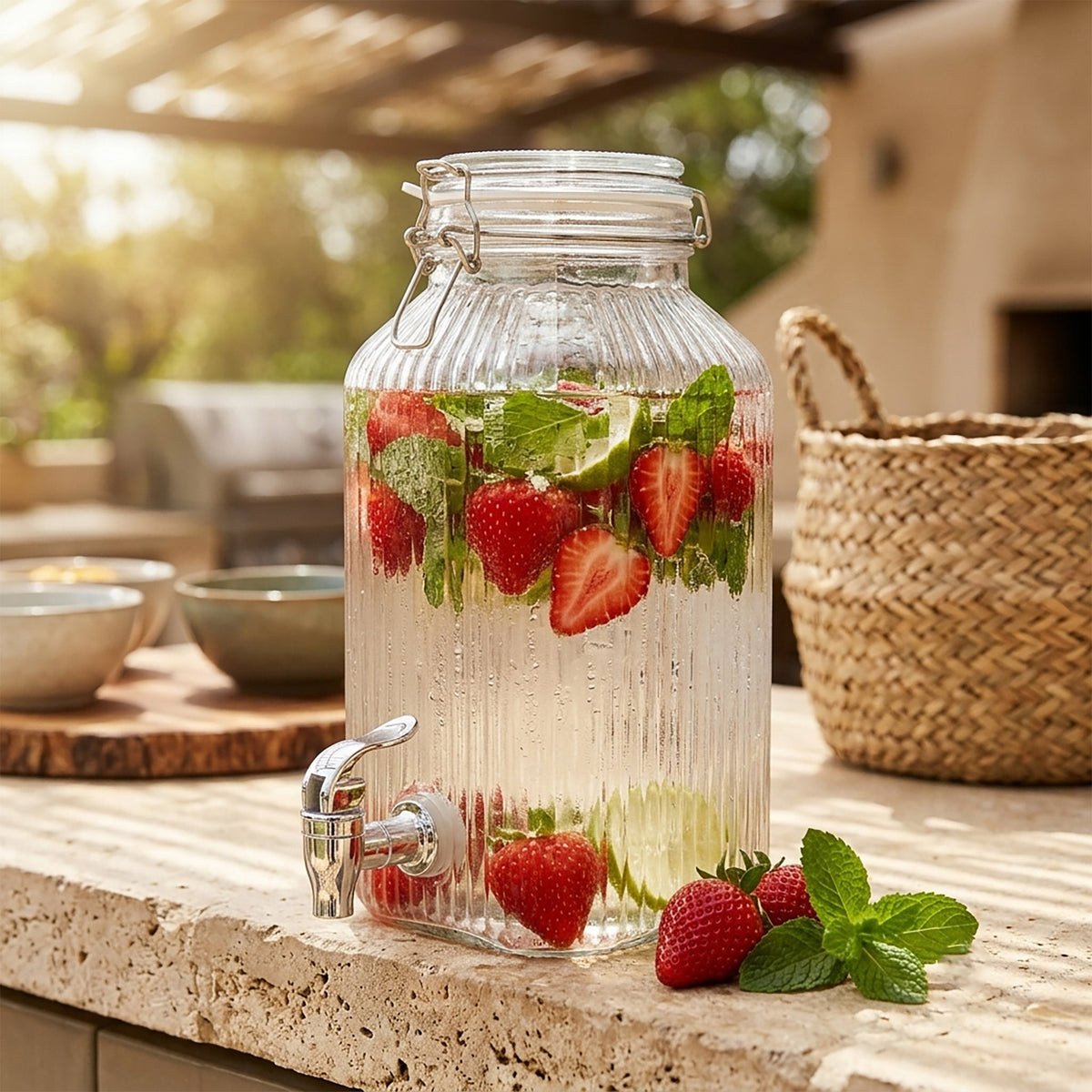 JS Gourmet Distributeur de boissons en verre côtelé avec couvercle à étrier en verre, 4 L - Simple Boutique