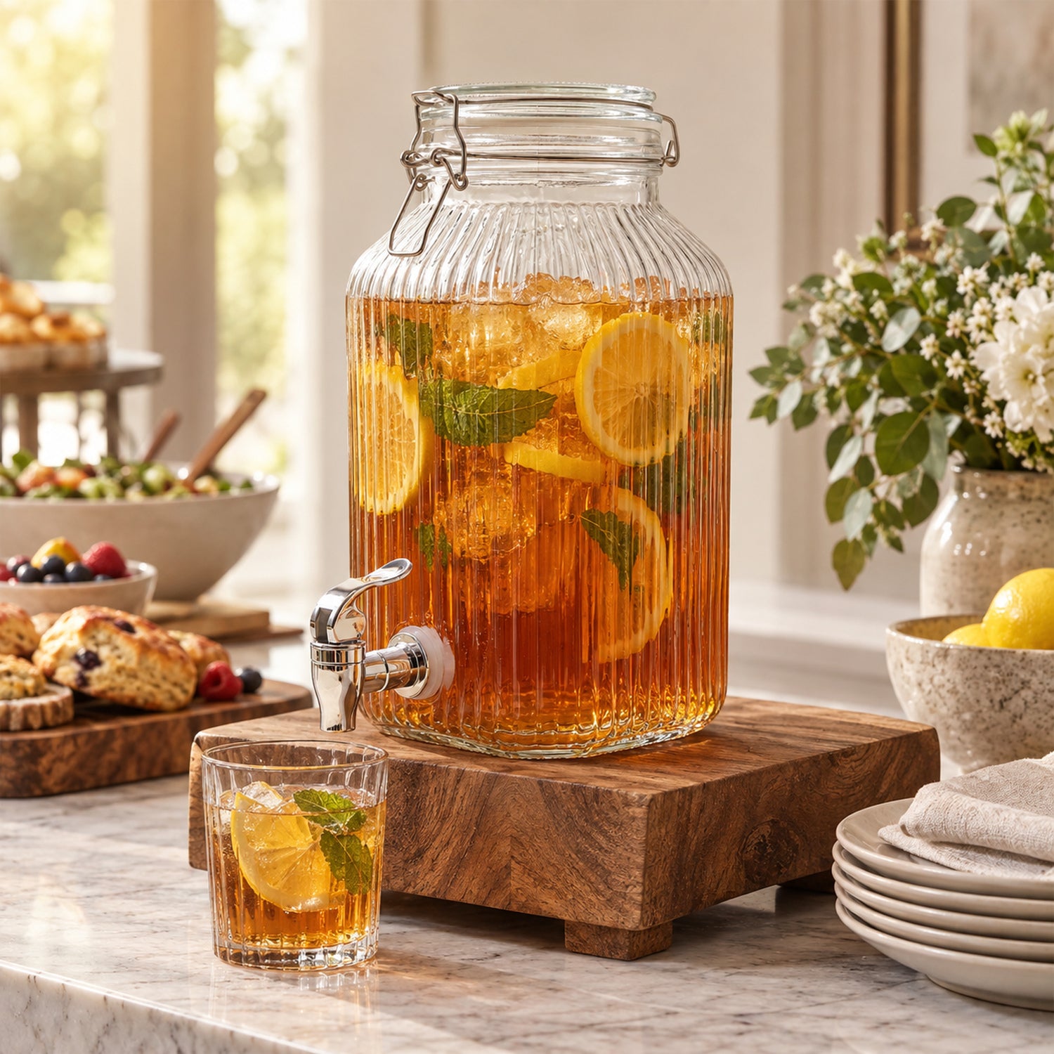 JS Gourmet Distributeur de boissons en verre côtelé avec couvercle à étrier en verre, 4 L - Simple Boutique