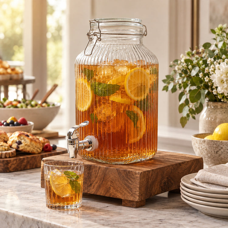JS Gourmet Distributeur de boissons en verre côtelé avec couvercle à étrier en verre, 4 L - Simple Boutique