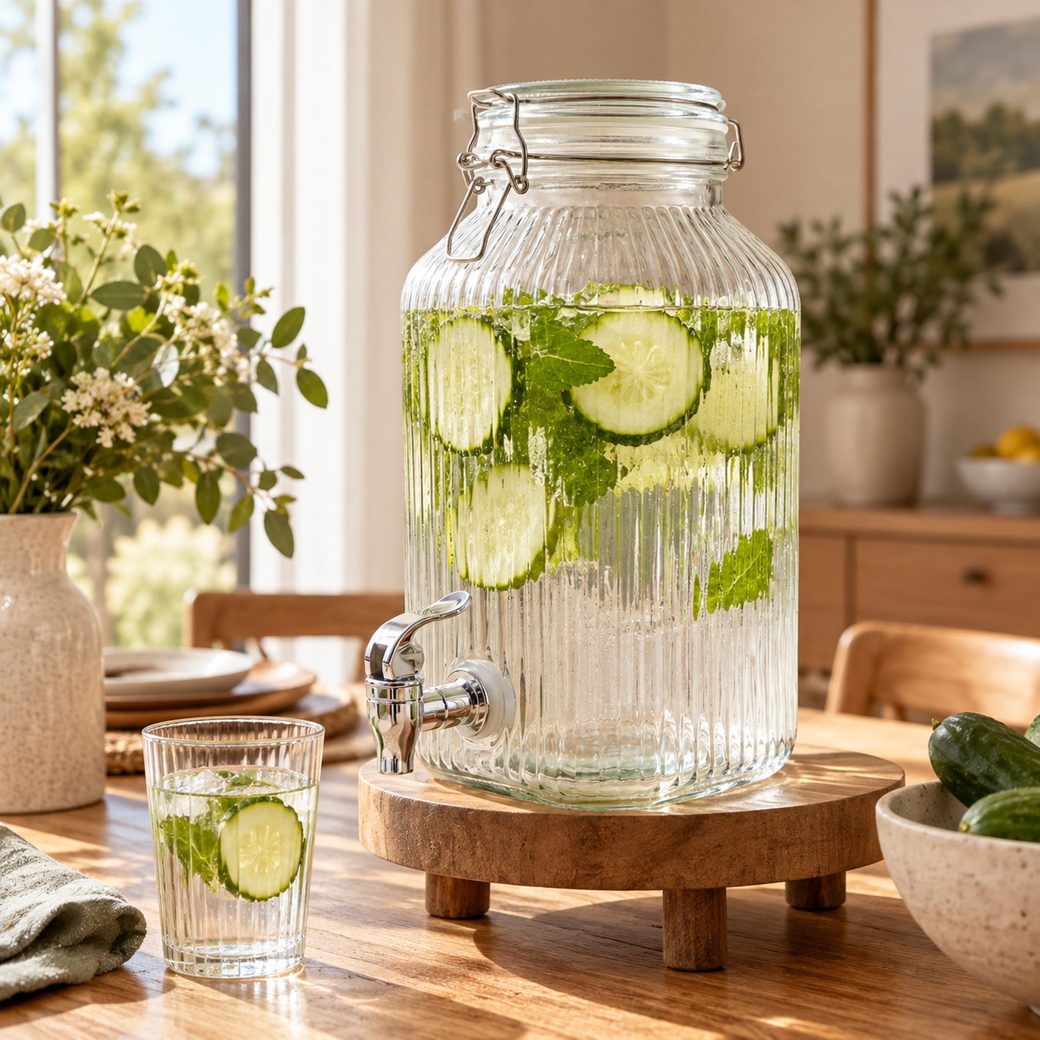 JS Gourmet Distributeur de boissons en verre côtelé avec couvercle à étrier en verre, 4 L - Simple Boutique
