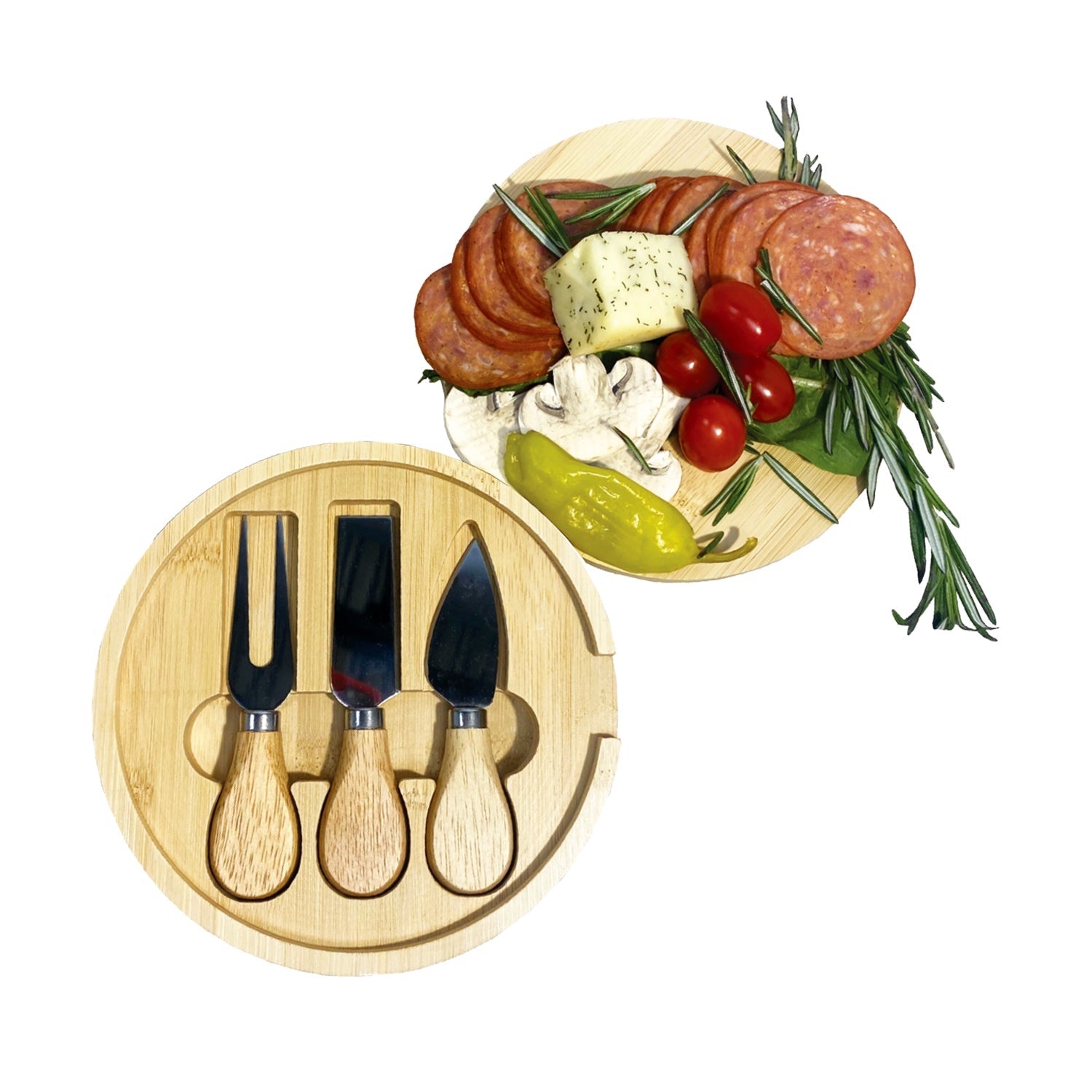 JS Gourmet - Ensemble 2 en 1 Planche à Fromage Ronde et 3 Couteaux - Simple Boutique