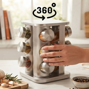JS Gourmet Ensemble de 12 bocaux à épices en verre avec support rotatif en acier inoxydable - Simple Boutique