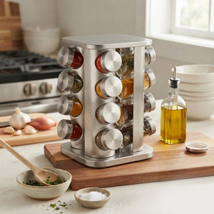 JS Gourmet Ensemble de 12 bocaux à épices en verre avec support rotatif en acier inoxydable - Simple Boutique