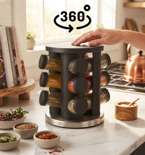 JS Gourmet Ensemble de 12 pots à épices en verre avec support rotatif noir mat - Simple Boutique