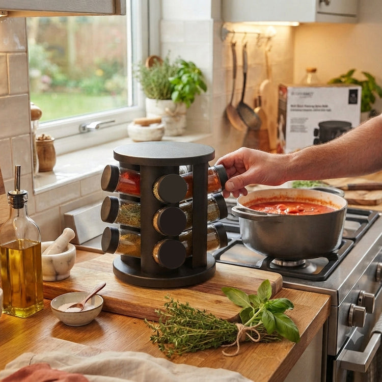 JS Gourmet Ensemble de 12 pots à épices en verre avec support rotatif noir mat - Simple Boutique