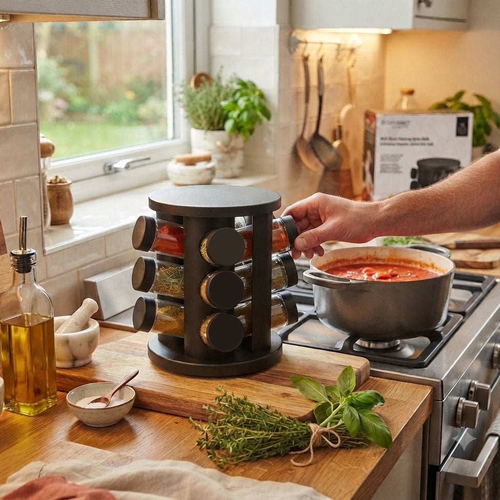 JS Gourmet Ensemble de 12 pots à épices en verre avec support rotatif noir mat - Simple Boutique