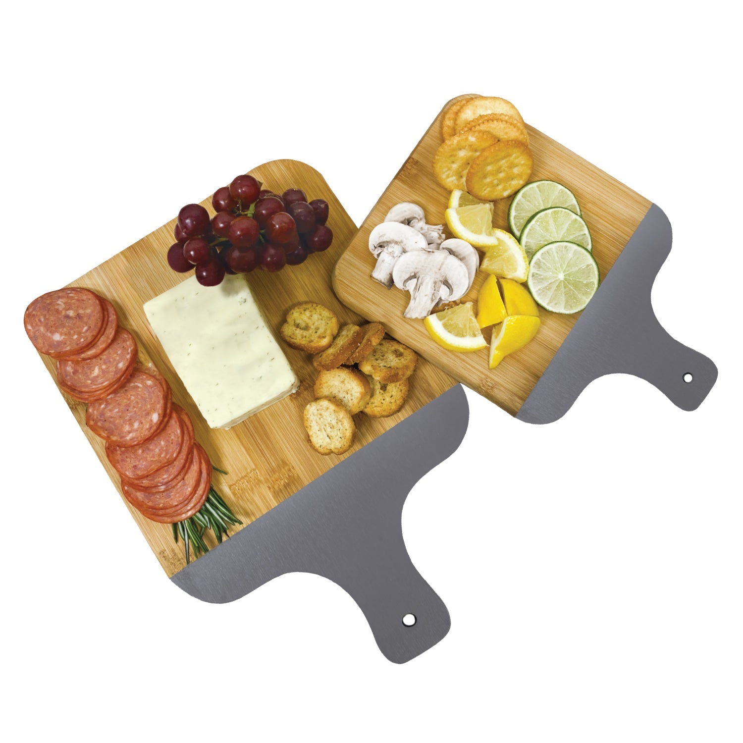 JS Gourmet - Ensemble de 2 Planches de Service et à Découper en Bambou avec Poignée Grise - Simple Boutique
