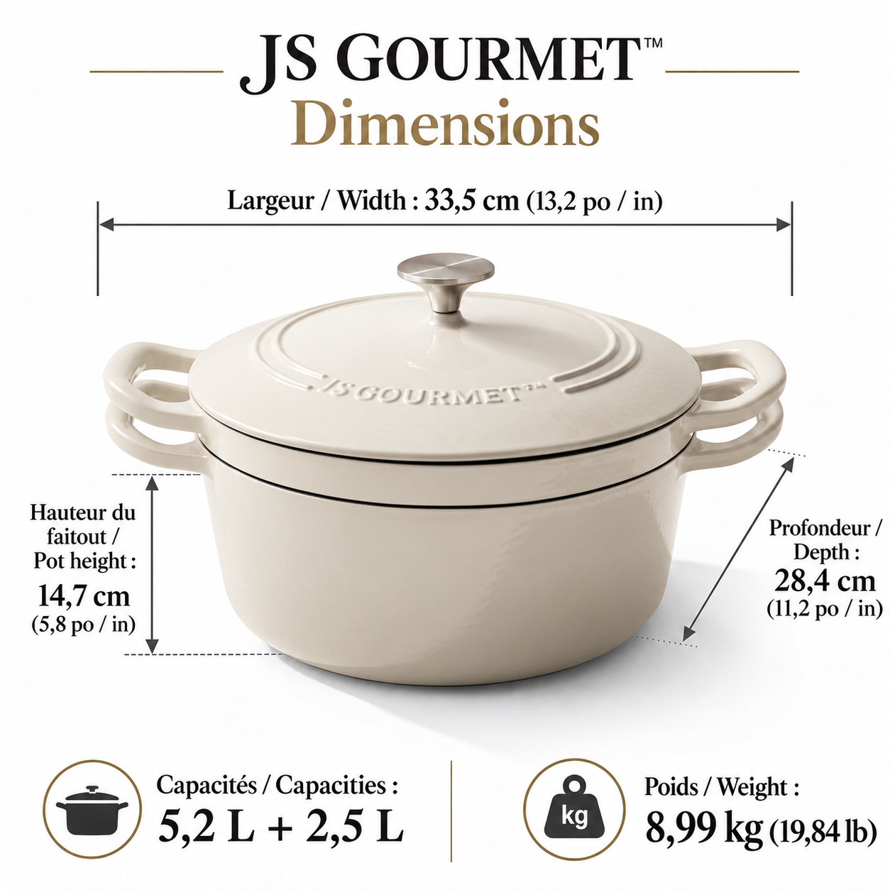 JS Gourmet Ensemble de 2 cocottes superposables en fonte émaillée avec couvercle, 3 pièces, 5,2 L, Crème meringue - Simple Boutique