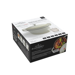 JS Gourmet Ensemble de 2 cocottes superposables en fonte émaillée avec couvercle, 3 pièces, 5,2 L, Crème meringue - emballage - Simple Boutique
