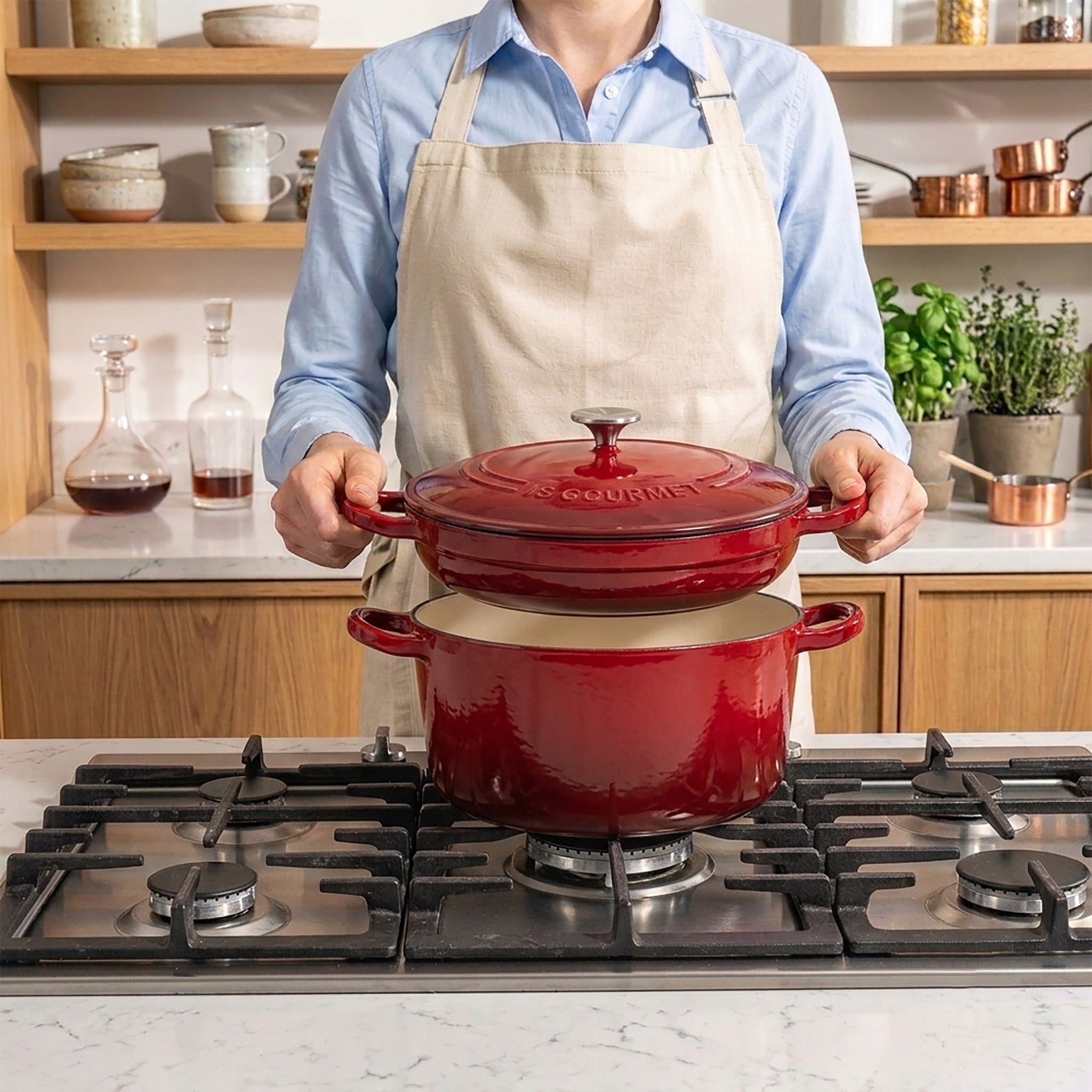 JS Gourmet Ensemble de 2 cocottes superposables en fonte émaillée avec couvercle, 3 pièces, 5,2 L, Rouge cerise - Simple Boutique