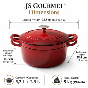 JS Gourmet Ensemble de 2 cocottes superposables en fonte émaillée avec couvercle, 3 pièces, 5,2 L, Rouge cerise - Simple Boutique