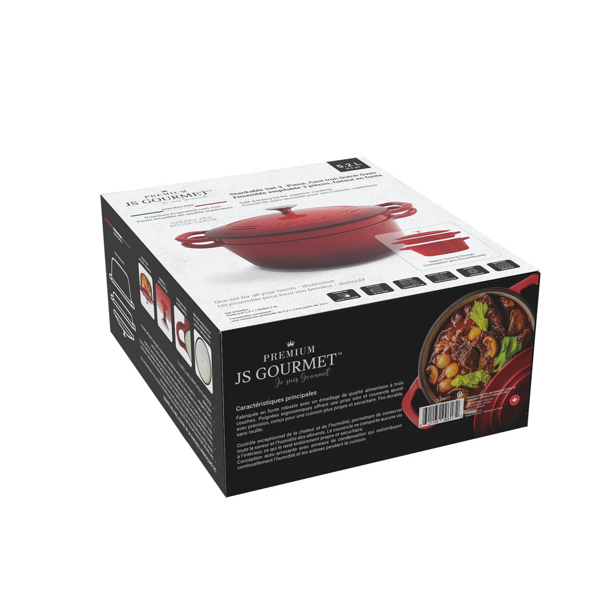 JS Gourmet Ensemble de 2 cocottes superposables en fonte émaillée avec couvercle, 3 pièces, 5,2 L, Rouge cerise - emballage - Simple Boutique